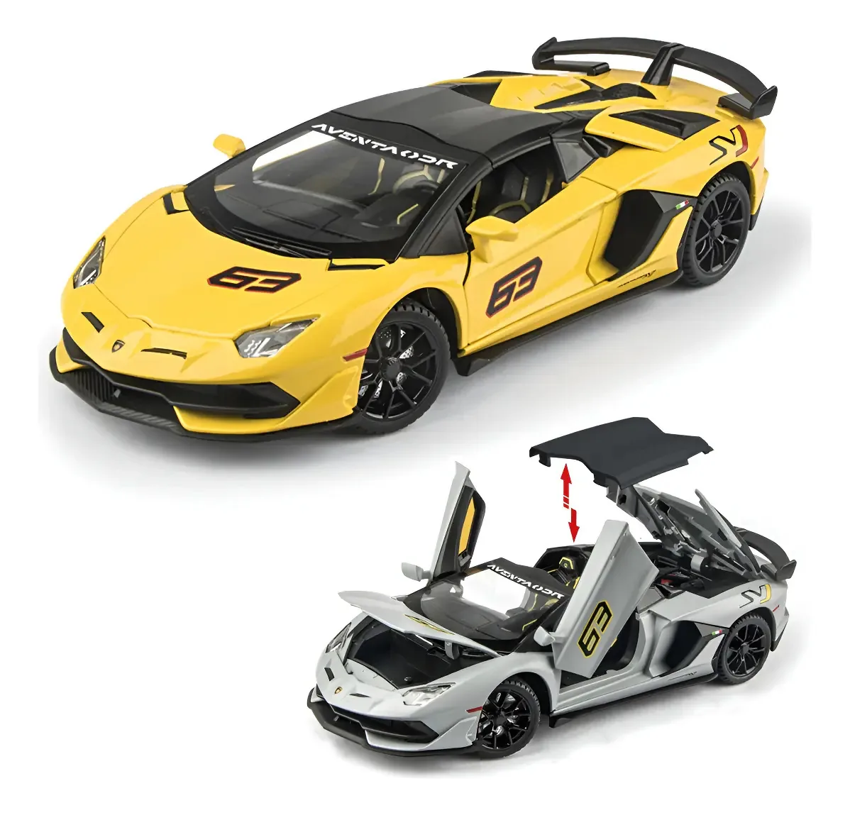 Roadster em miniatura de metal amarelo Lamborghini Aventador Svj63