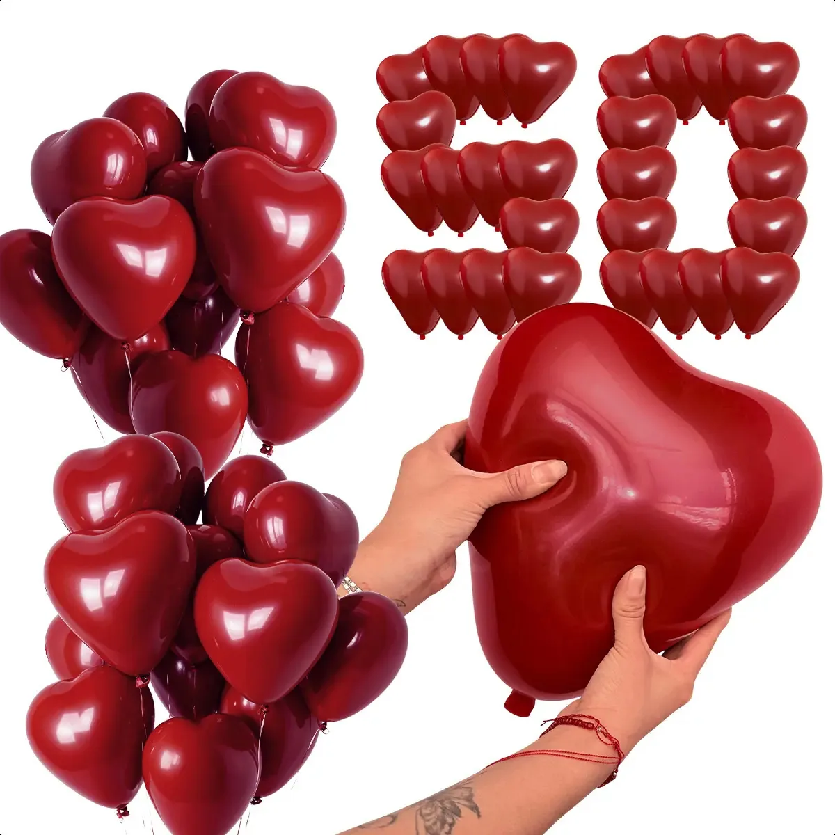 50 balões de coração de látex vermelho e preto 12 polegadas e 30 cm Valentin