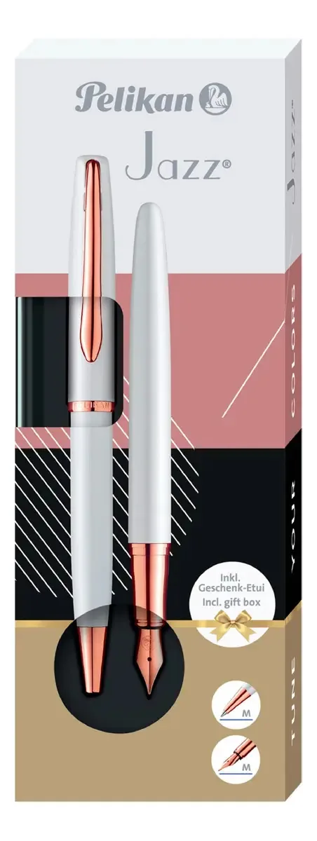 Conjunto de canetas-tinteiro e canetas Pelikan. Cor da tinta: preto, cor exterior: branco