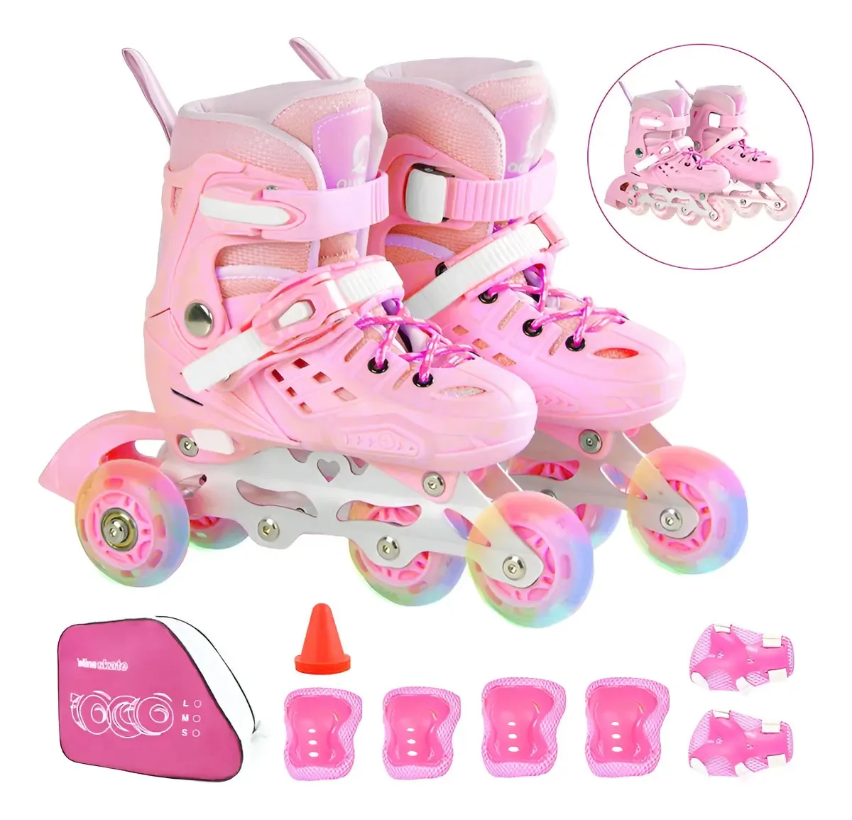 Patins ajustáveis de 4 rodas para meninos e meninas com luz LED rosa, tamanho S