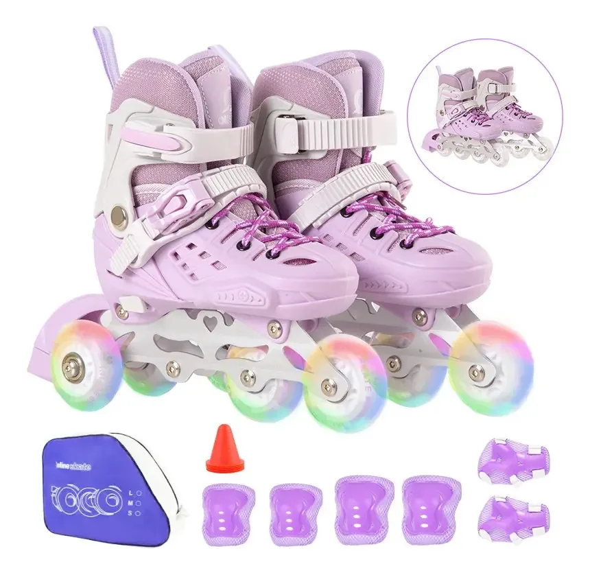 Patins ajustáveis de 4 rodas para meninos e meninas com luz LED lavanda, tamanho M