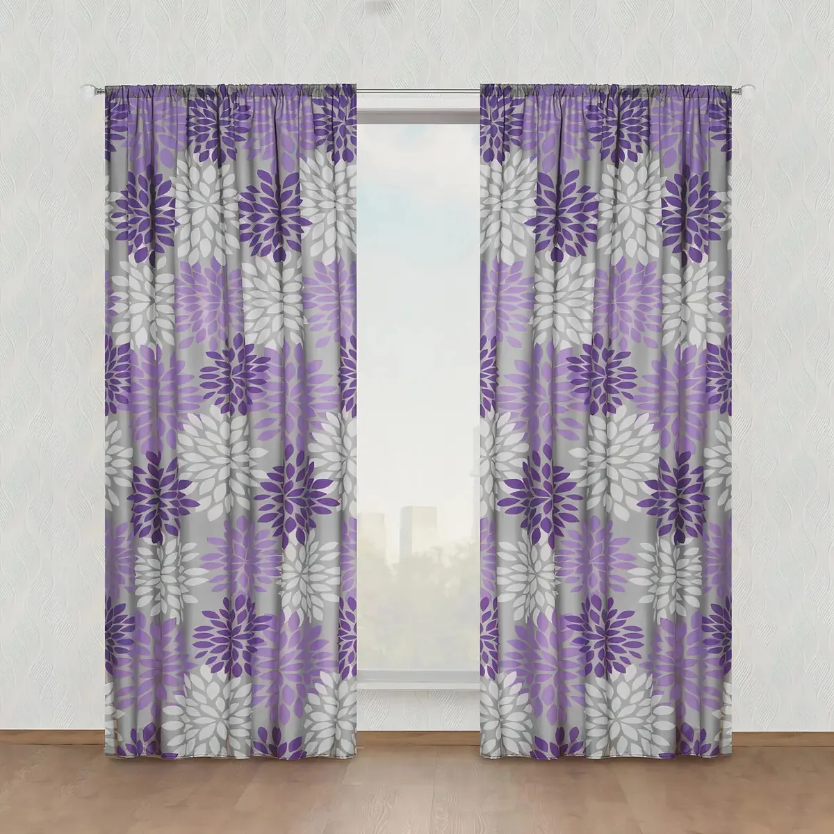 Cortinas Chelsea com faixas de flores roxas