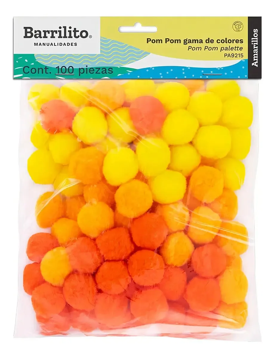 Barril misto Pom Pom, faixa de cores de 33 mm, 100 unidades de bolsa amarela