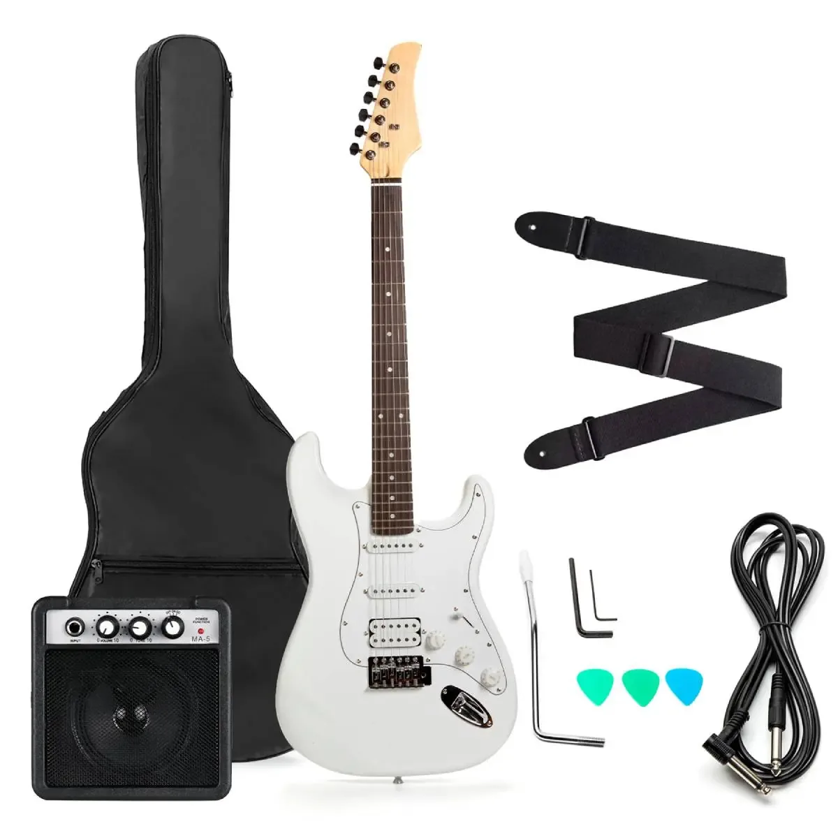 Guitarra elétrica com amplificador e acessórios brancos