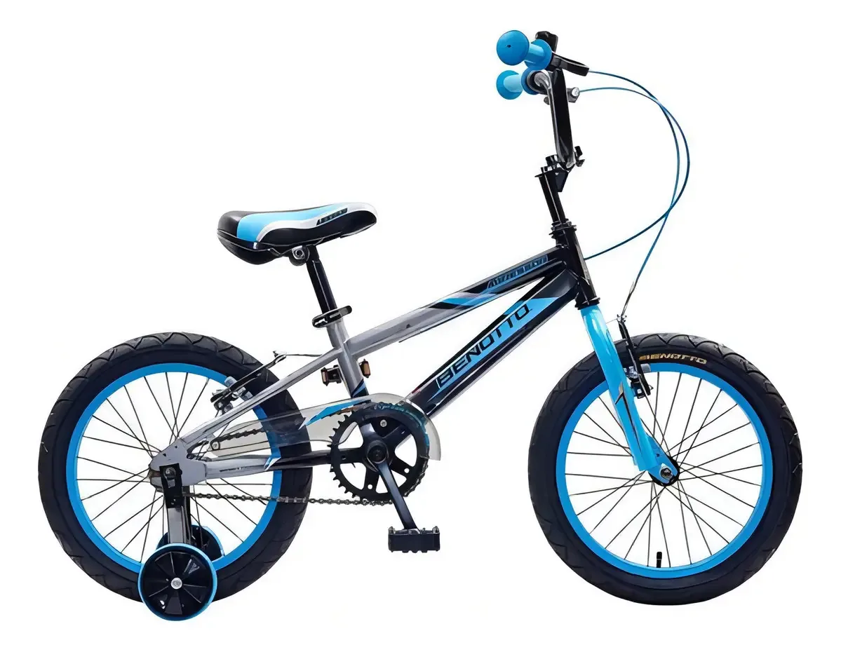 Bicicleta Benotto Cross Agressor R16 1v. Rodas laterais infantis cor preto/cinza/azul Tamanho da moldura N/a