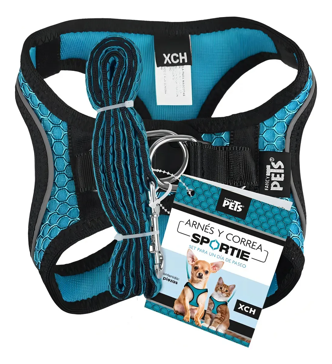 Arnês Fancy Pets com faixas refletivas Sportie XChico em azul petróleo