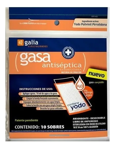 Gaze estéril antisséptica com iodo 10x10cm. Bolsa com 10 envelopes