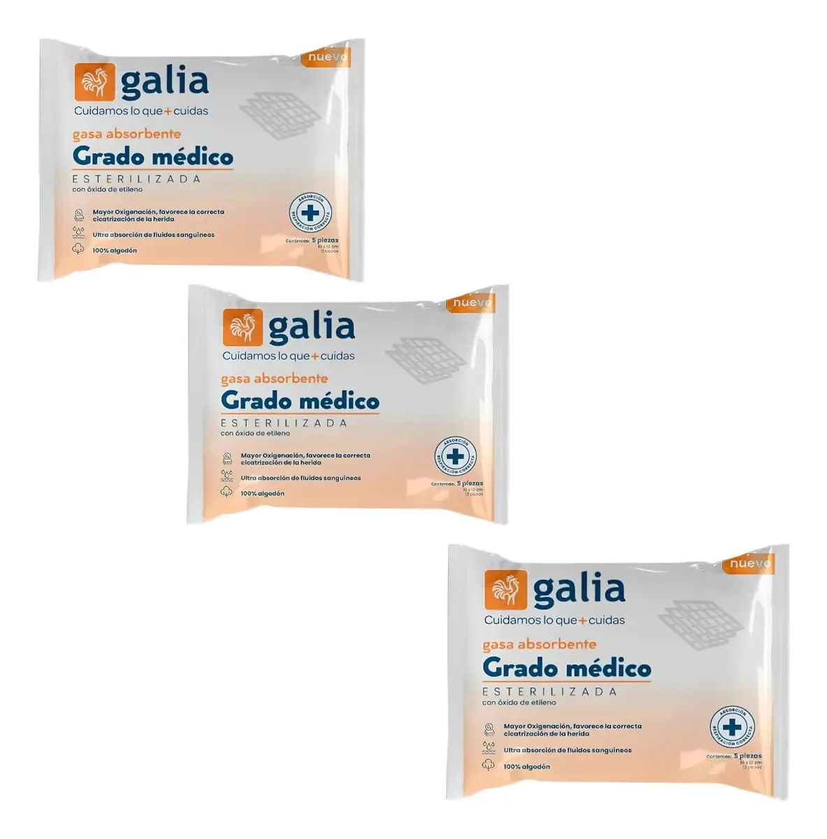 Pacote 3galia Gaze Absorvente Grau Médico 10x10 Com5 Unidades Cada Branco