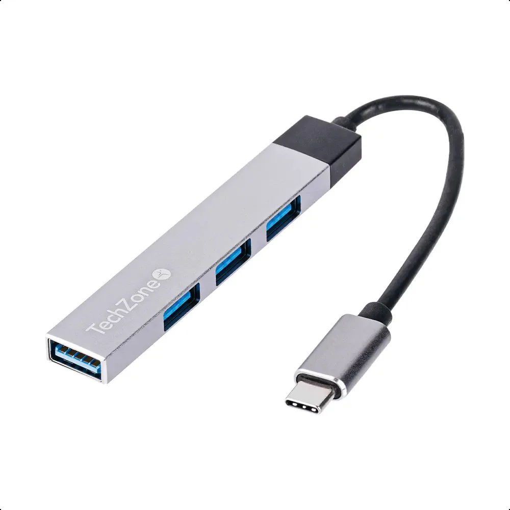 Hub USB tipo C com 1 USB 3.0 e 3 USB 2.0 em alumínio prateado, cor cinza