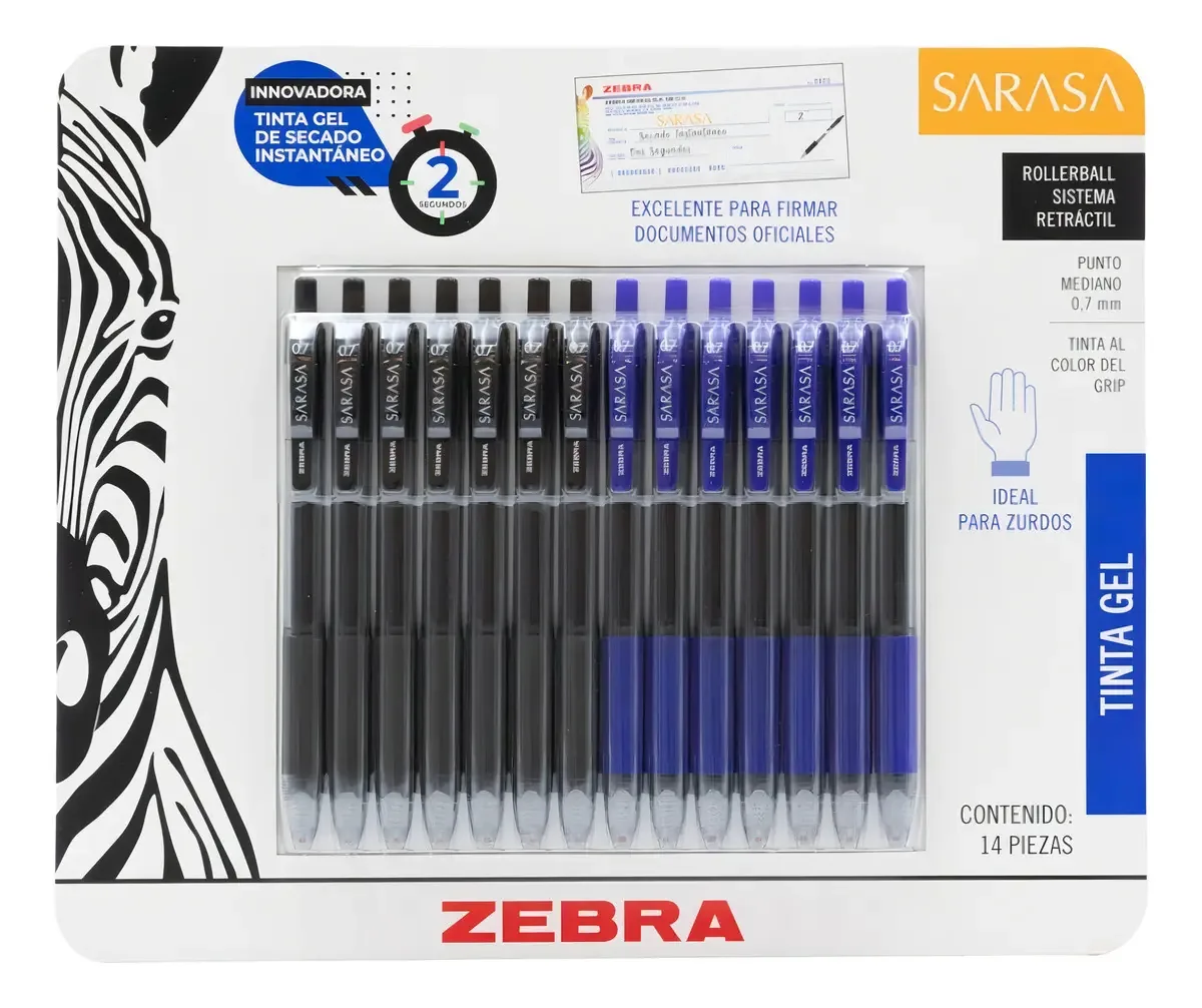 14 canetas de tinta gel de ponto médio Sarasa pretas e tinta azul zebra.