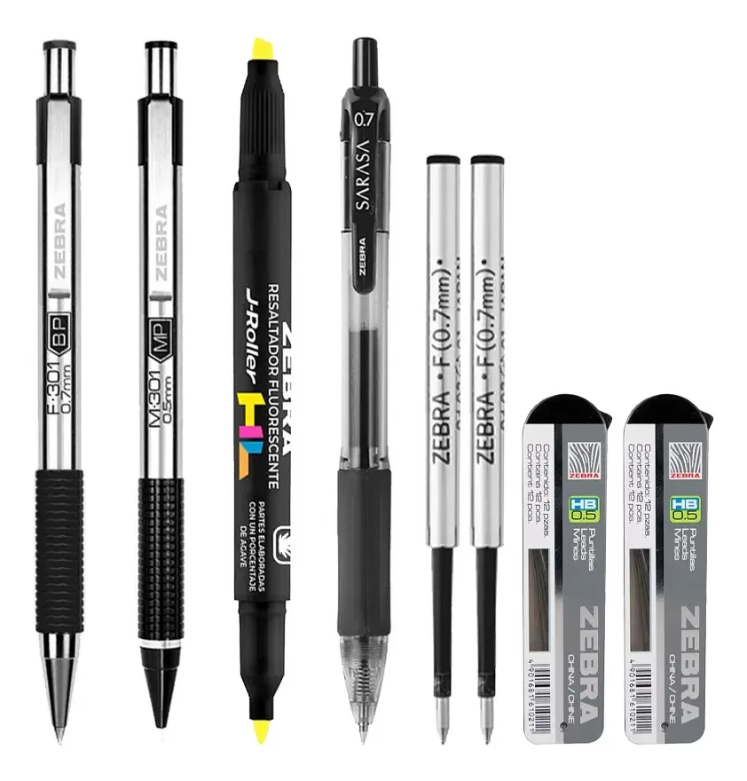 Kit de escritório: 2 canetas, lápis e marcador Zebra. Tinta multicolorida