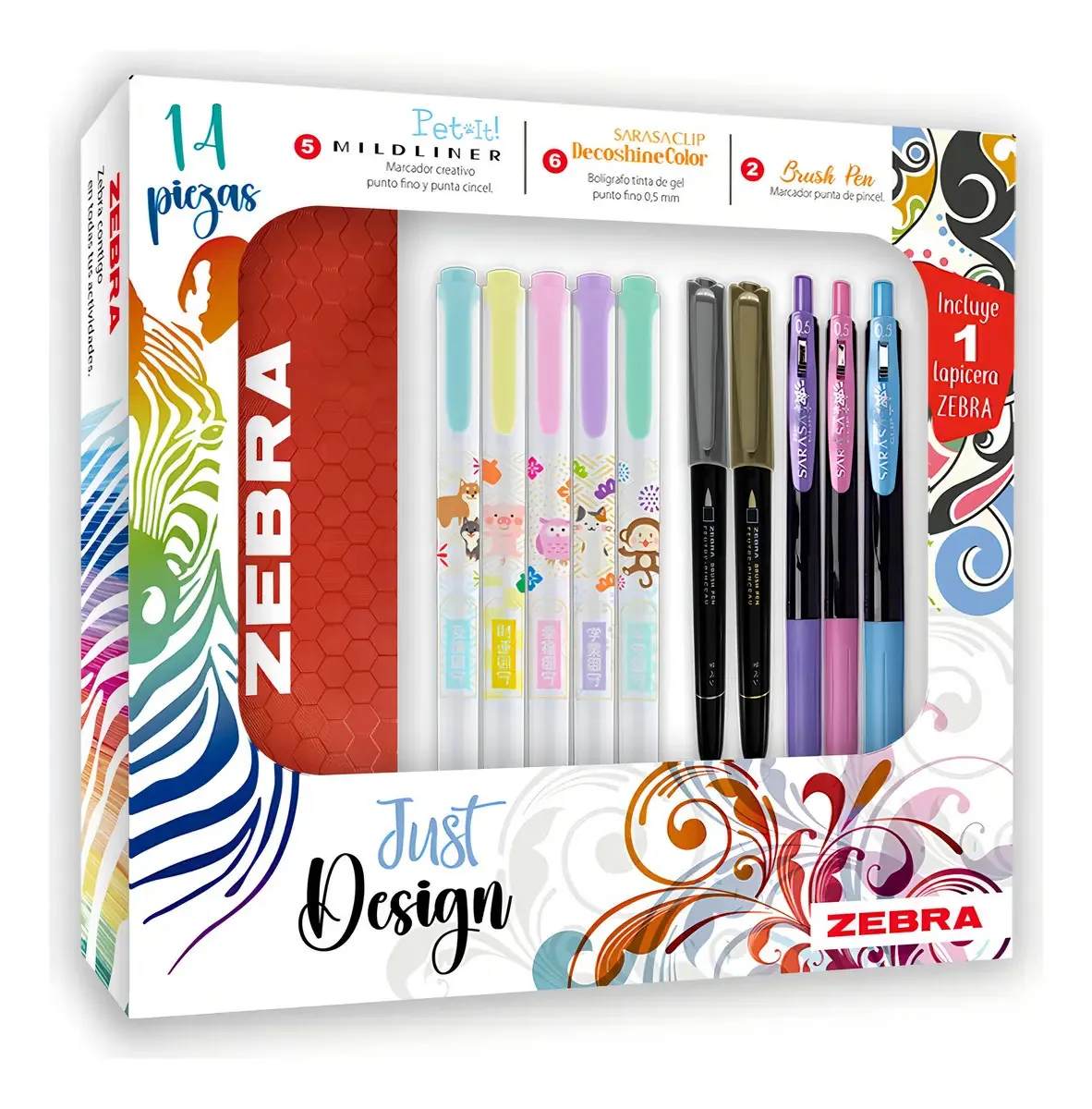 Conjunto Just Design: 6 canetas de gel e 7 canetas Zebra. Tinta multicolorida multicolorida para exterior