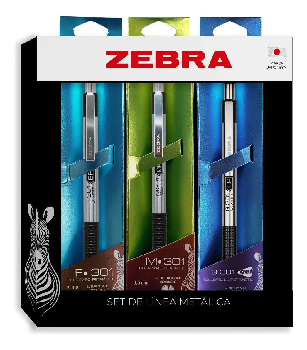 Conjunto de canetas metálicas Zebra, Rollerball e lápis de tinta preta