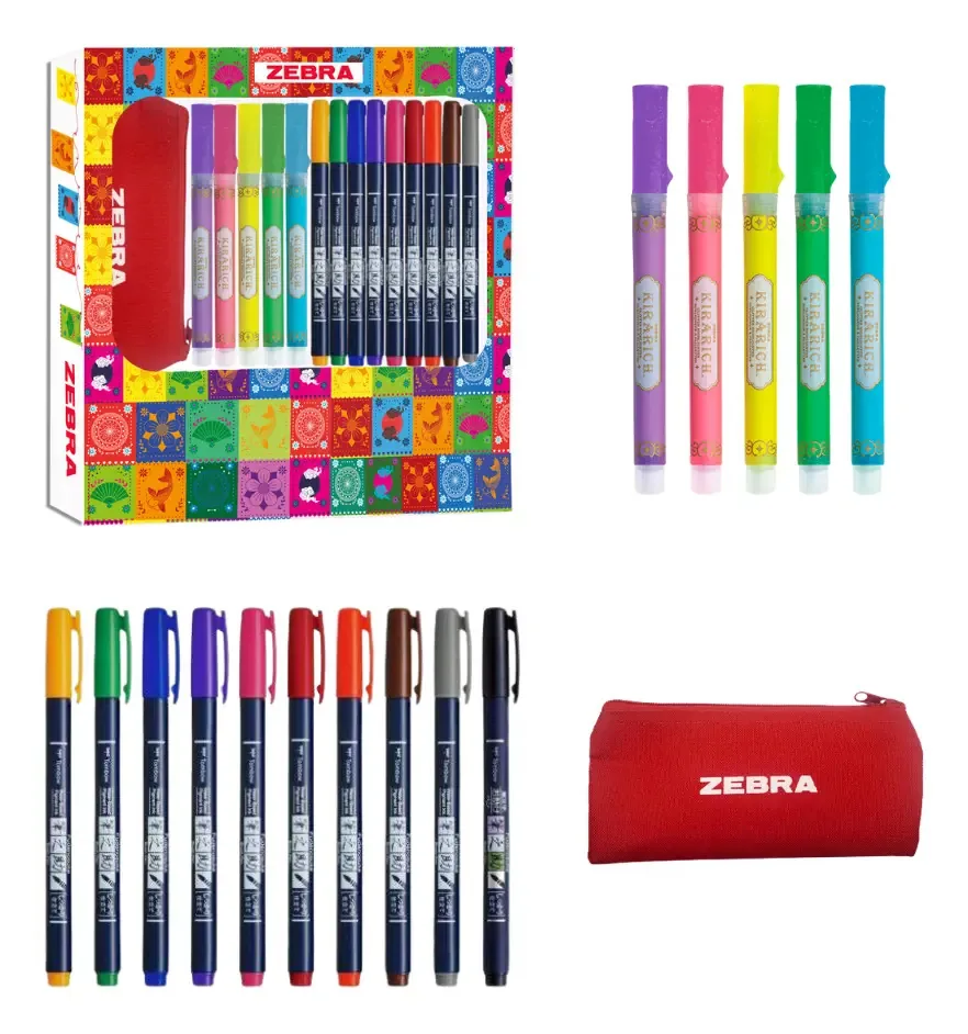 O conjunto Zebra Draw & Glitter inclui 15 peças e caneta
