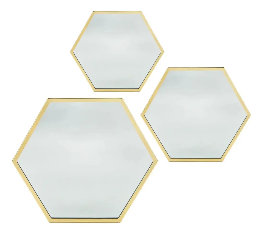 Conjunto de 3 espelhos hexagonais dourados