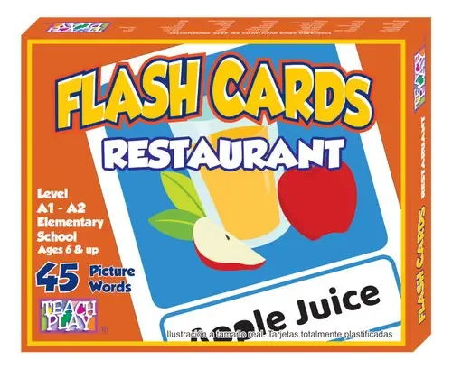 Cartões de aprendizagem de vocabulário alimentar em inglês (45 unidades) | Tamanho: 18x22 cm | Cartões educativos em inglês | Teach Play | Flash Cards Restaurant