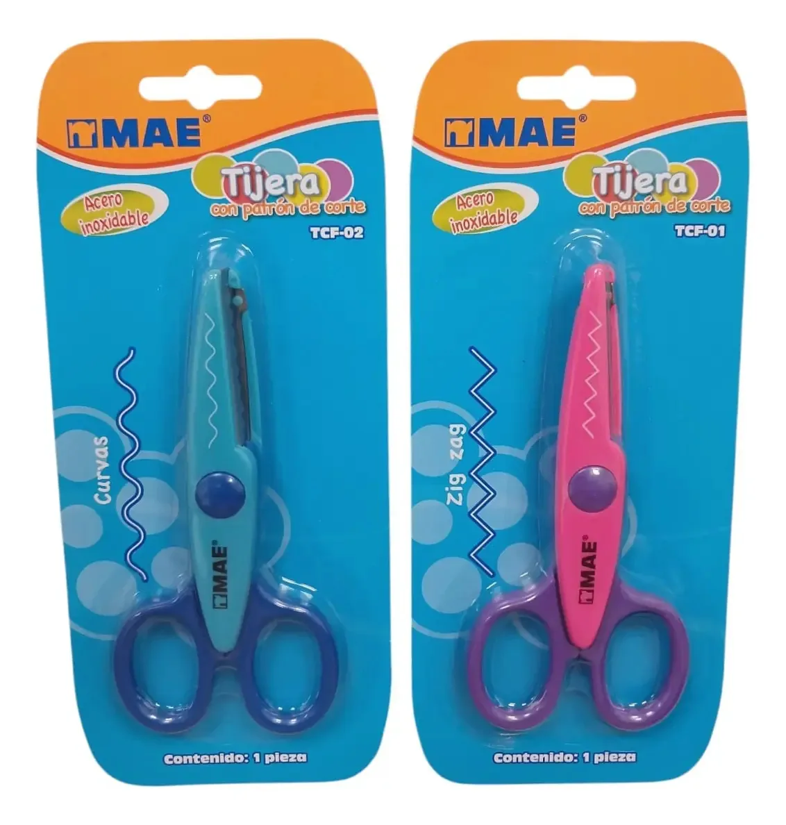 2 tesouras em ziguezague e curvas, artesanato didático escolar, cor azul e rosa