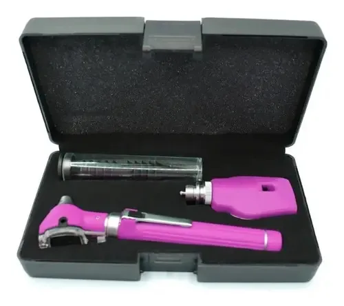 Otoscópio, estojo, diagnóstico, otoscópio, LED médico, cor rosa claro
