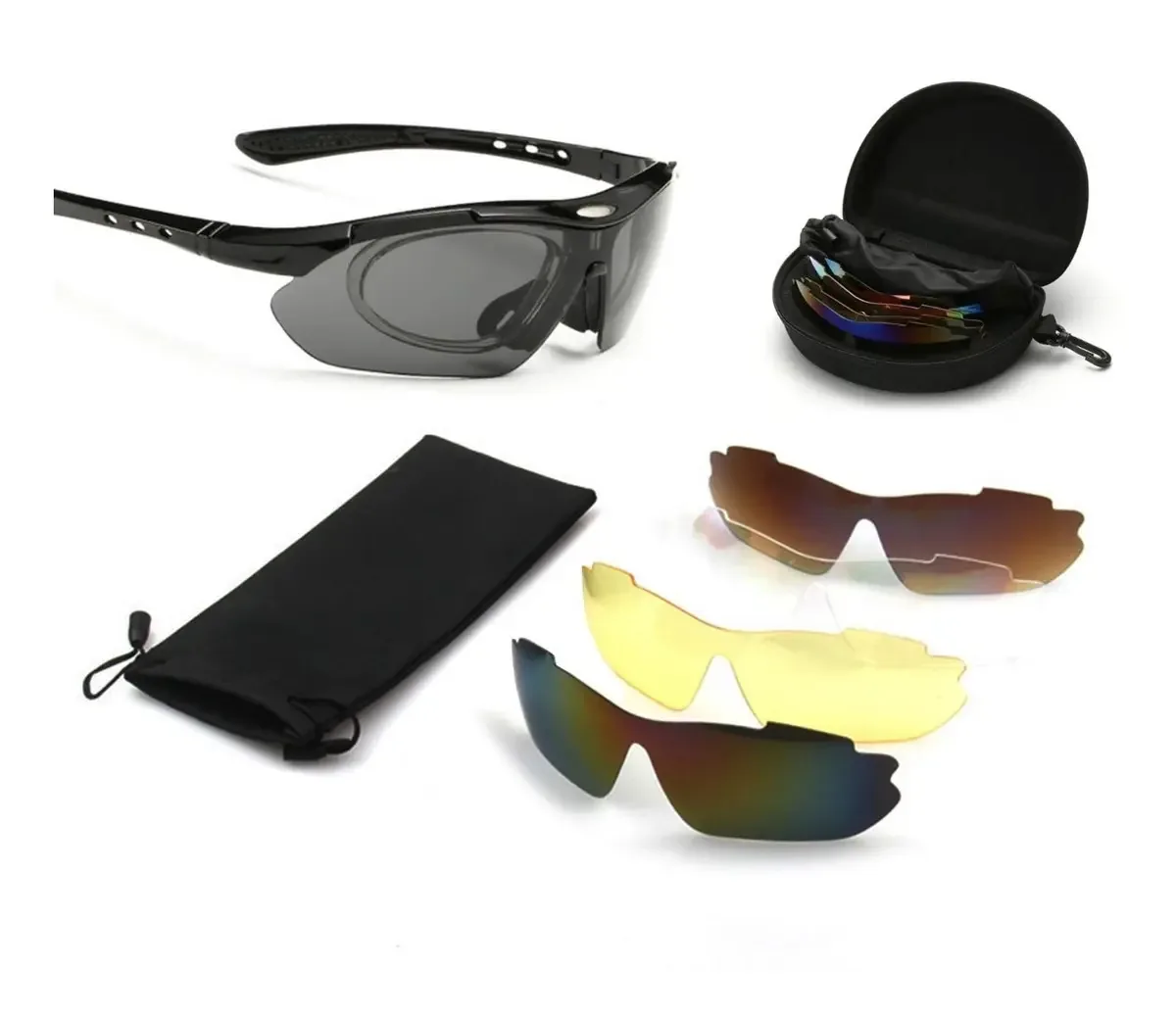 Óculos esportivos com 5 lentes intercambiáveis, ciclismo, cor do sol, preto