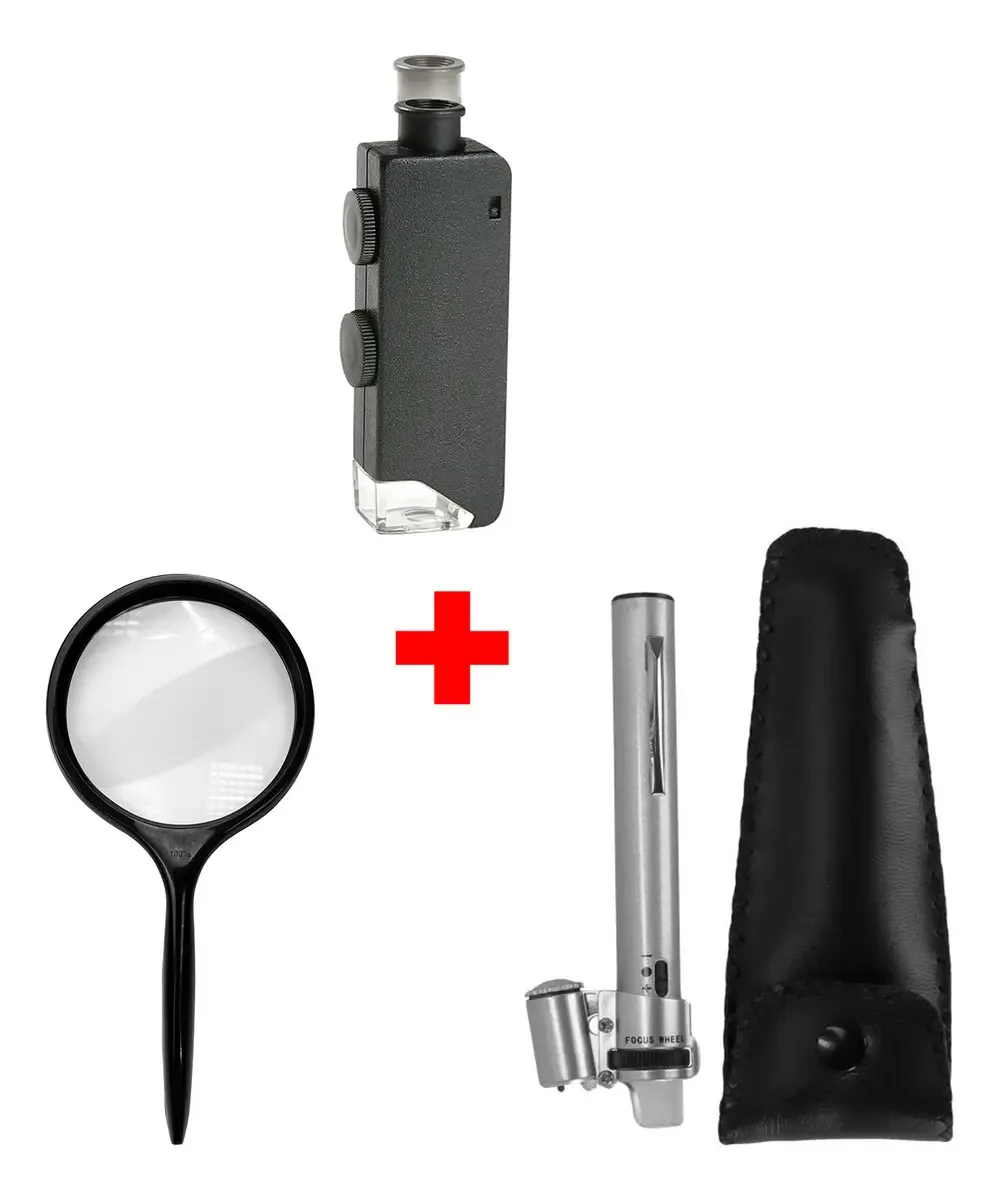 Combinação de observação: 2 microscópios de bolso e lupa, cinza