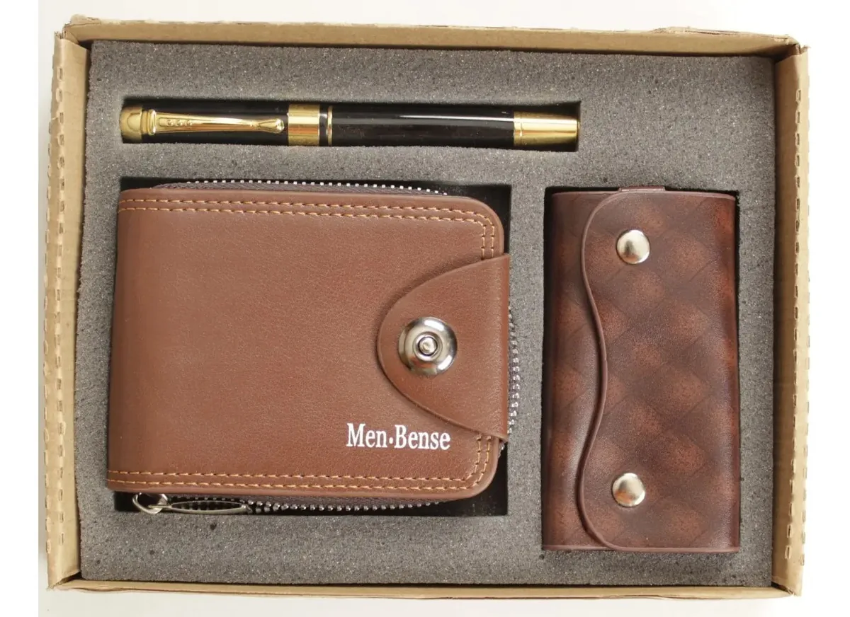 Conjunto para carteira masculina, porta-cartões, porta-chaves e caneta cáqui
