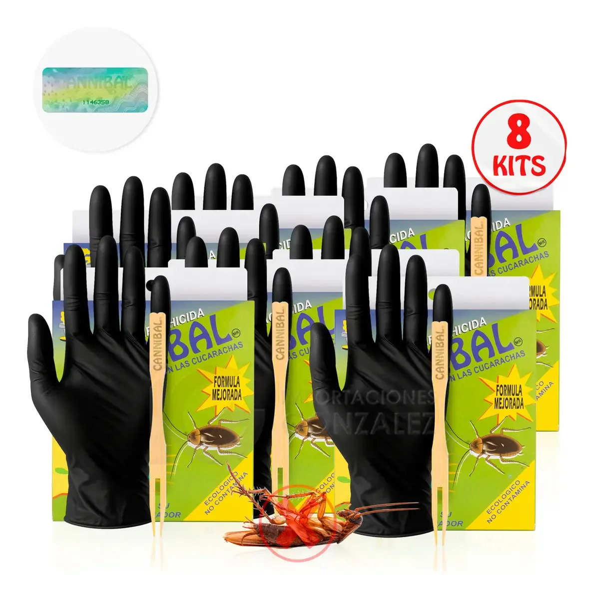 Kit 8 Cannibal® Poison Kills Baratas Produto exterminador de pragas orgânico com 8 tubos de 120 g. + Luva e aplicador
