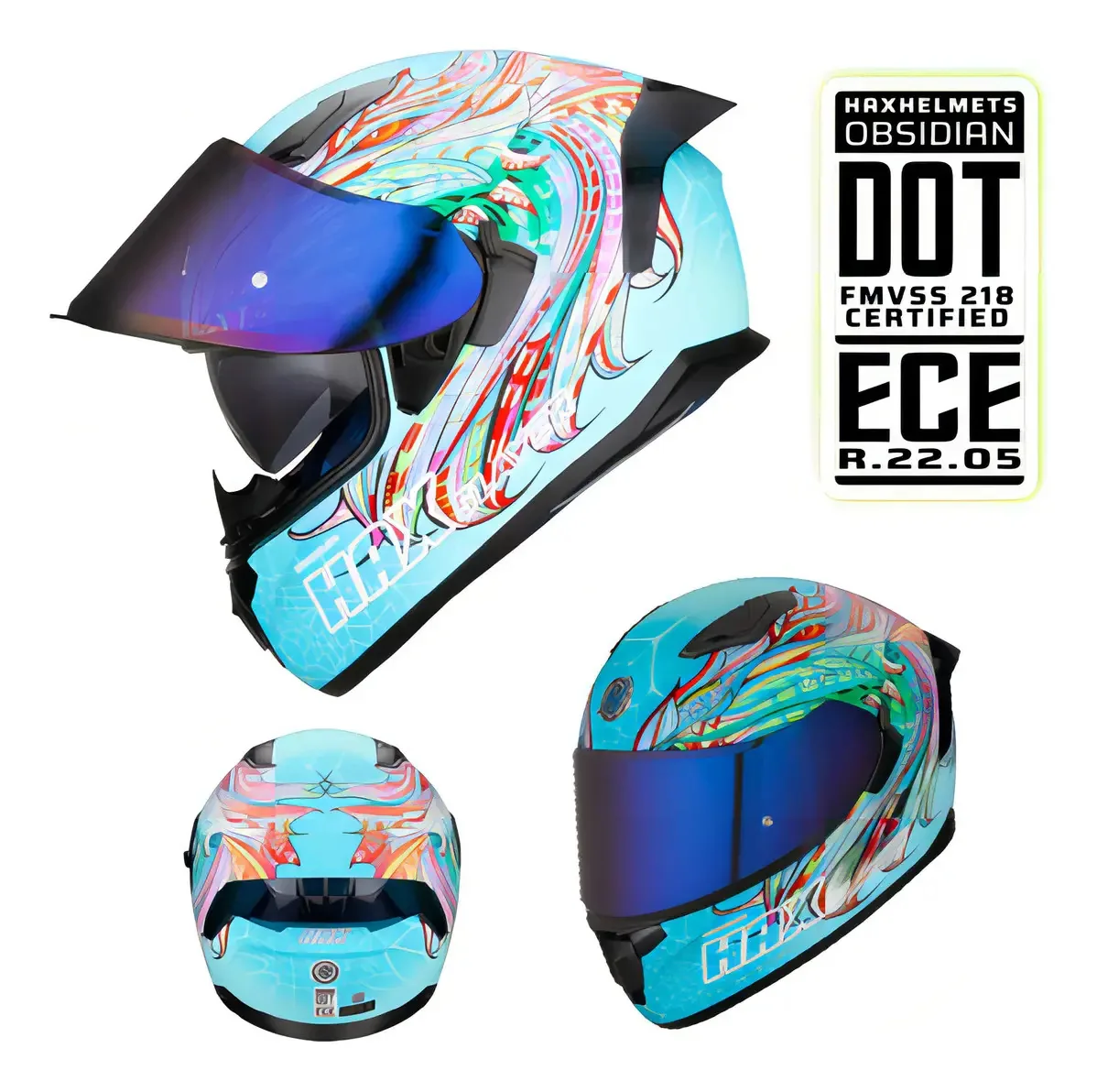 Faça capacetes. Capacete integral Dot+ Ece. Capacete modelo Obsidian Slayer cor turquesa tamanho S-boy