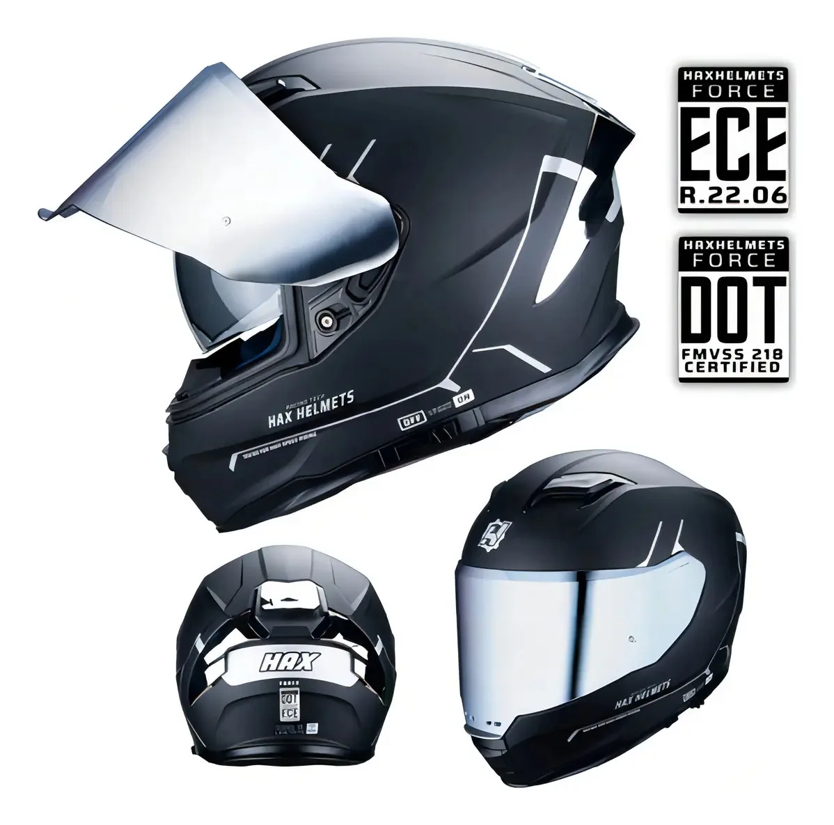 Faça capacetes. Capacete de motocicleta integral Dot + Ece 06. Capacete Force Black Silver Color Tamanho M - Médio