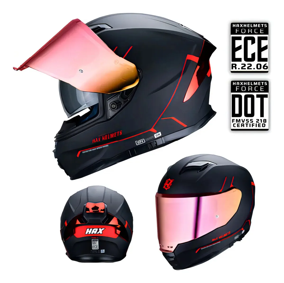 Faça capacetes. Capacete de motocicleta integral Dot + Ece 06. Capacete Force Black Color Red Tamanho M - Médio
