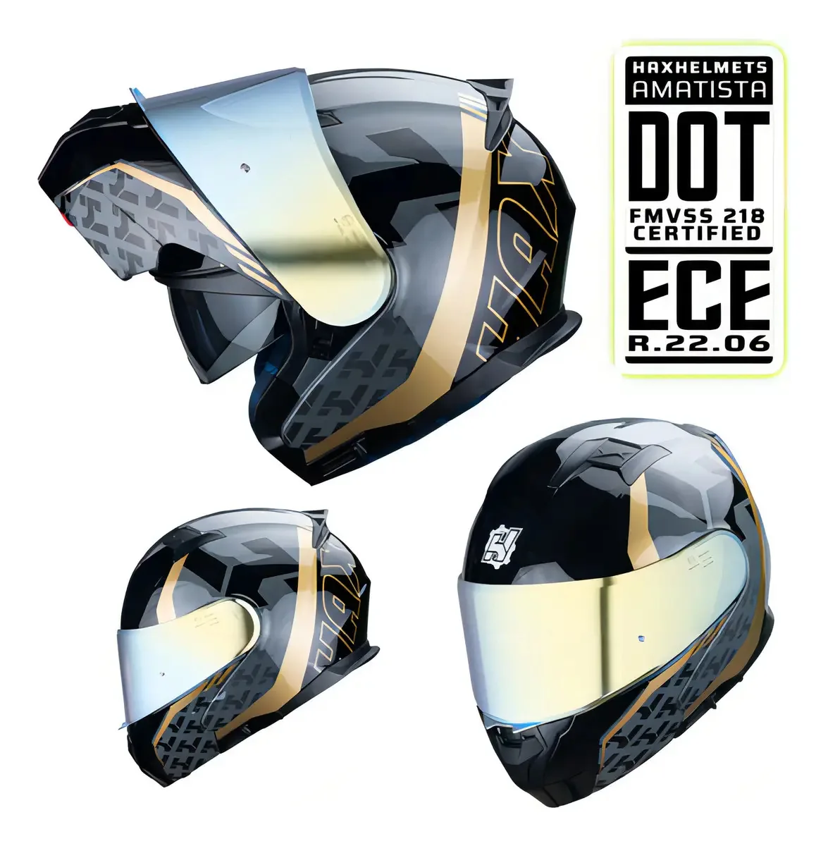 Faça capacetes. Capacete dobrável para motocicleta Dot + Ece 06. Capacete Amethyst Wind Color em ouro escuro/preto tamanho Xs — extra pequeno