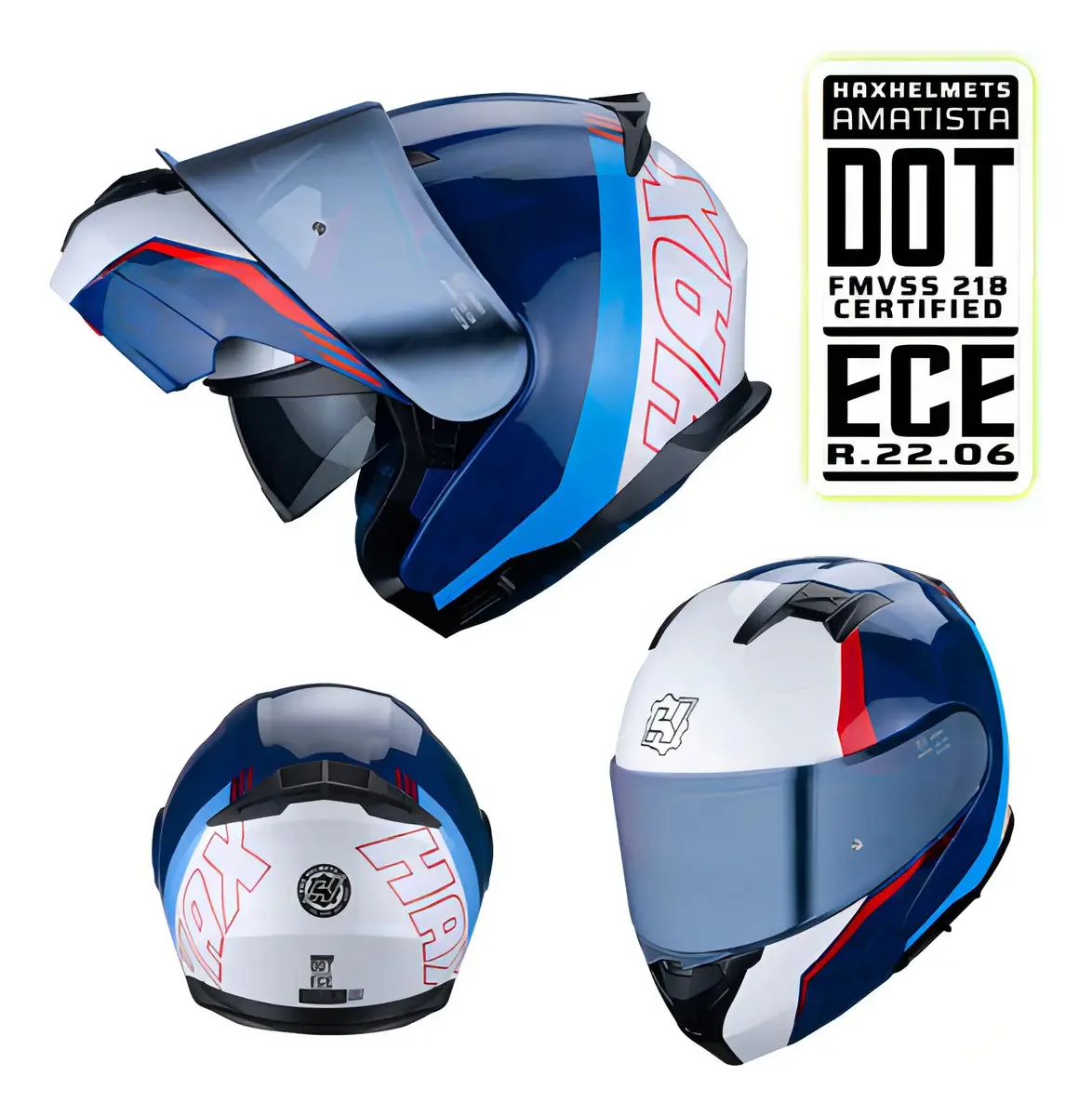 Faça capacetes. Capacete dobrável para motocicleta Dot + Ece 06. Capacete Ametista Wind Color Azul/Branco/Vermelho Tamanho M - Médio