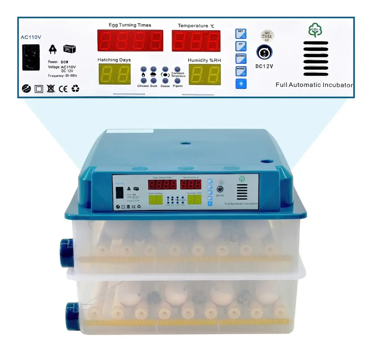 Incubadora automática de 120 ovos, aves e galinhas + ovoscópio