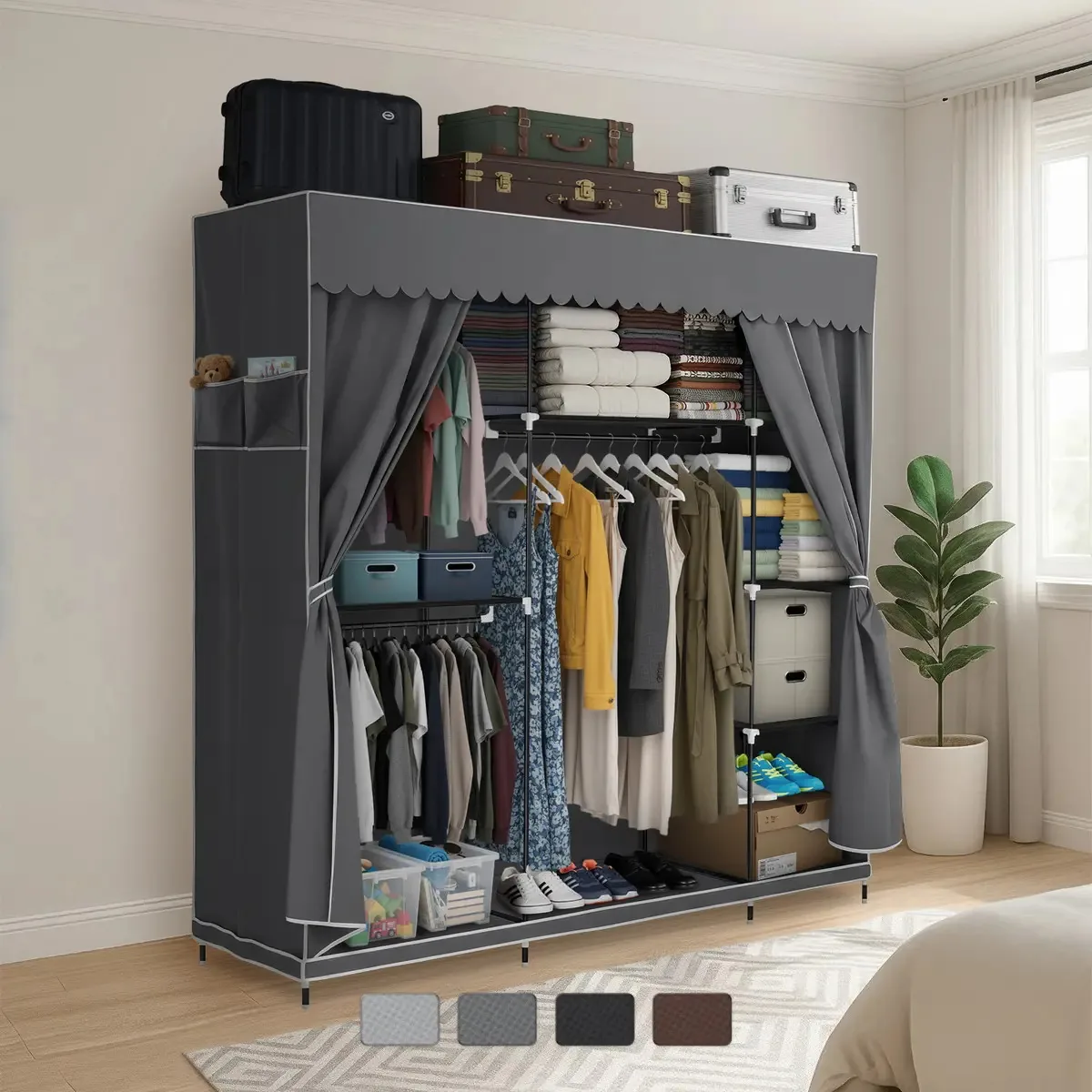Armário Armário Armário Organizador de quarto com 8 compartimentos e 3 barras de metal para roupas e sapatos, 205x170 cm, cinza claro