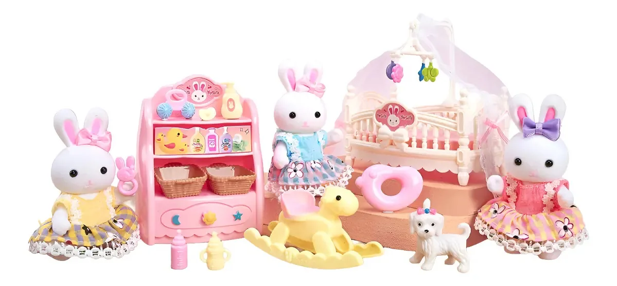 Brinquedo Coelho Casa Quarto de Bebé com Móveis e Extras