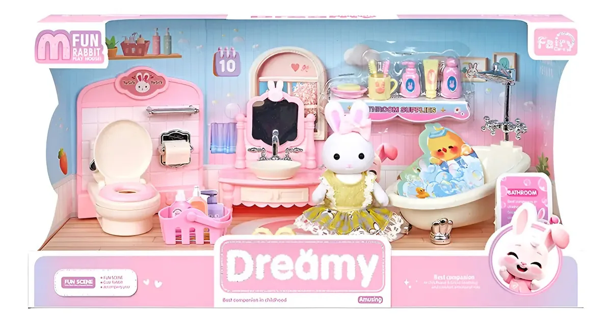 Brinquedo Coelho Casa Banheiro Com Móveis E Extras