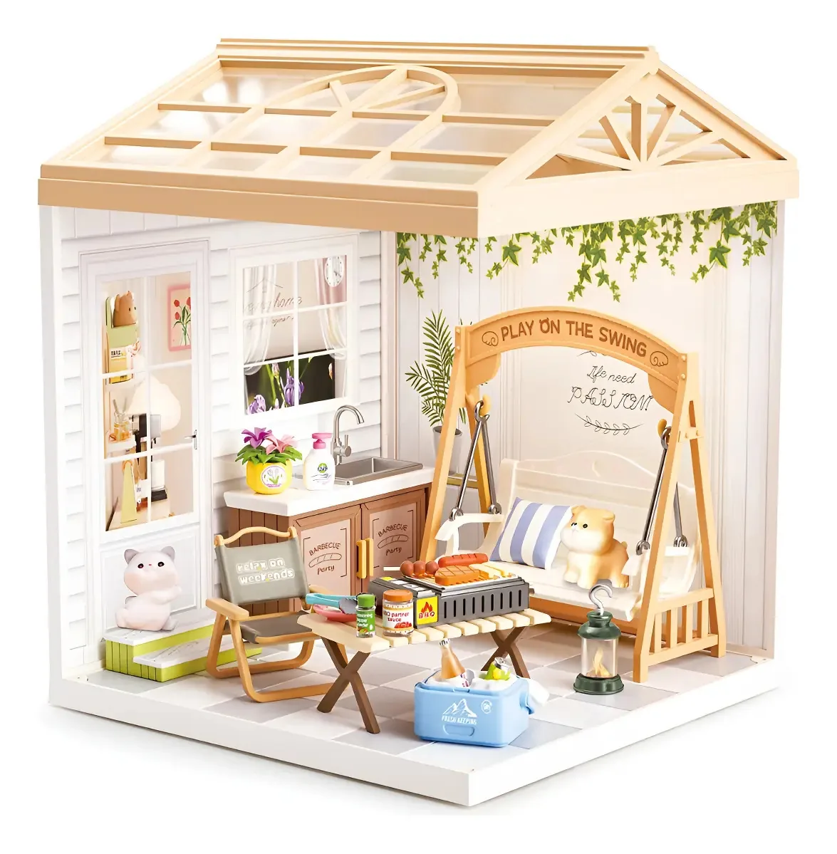 Pátio e baloiços de casa de bonecas com iluminação DIY