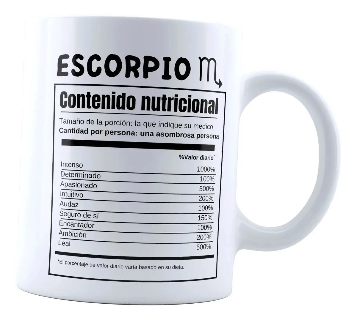 Copo de conteúdo nutricional de Escorpião Signo do Zodíaco Astrologia Cor Branco Horóscopo