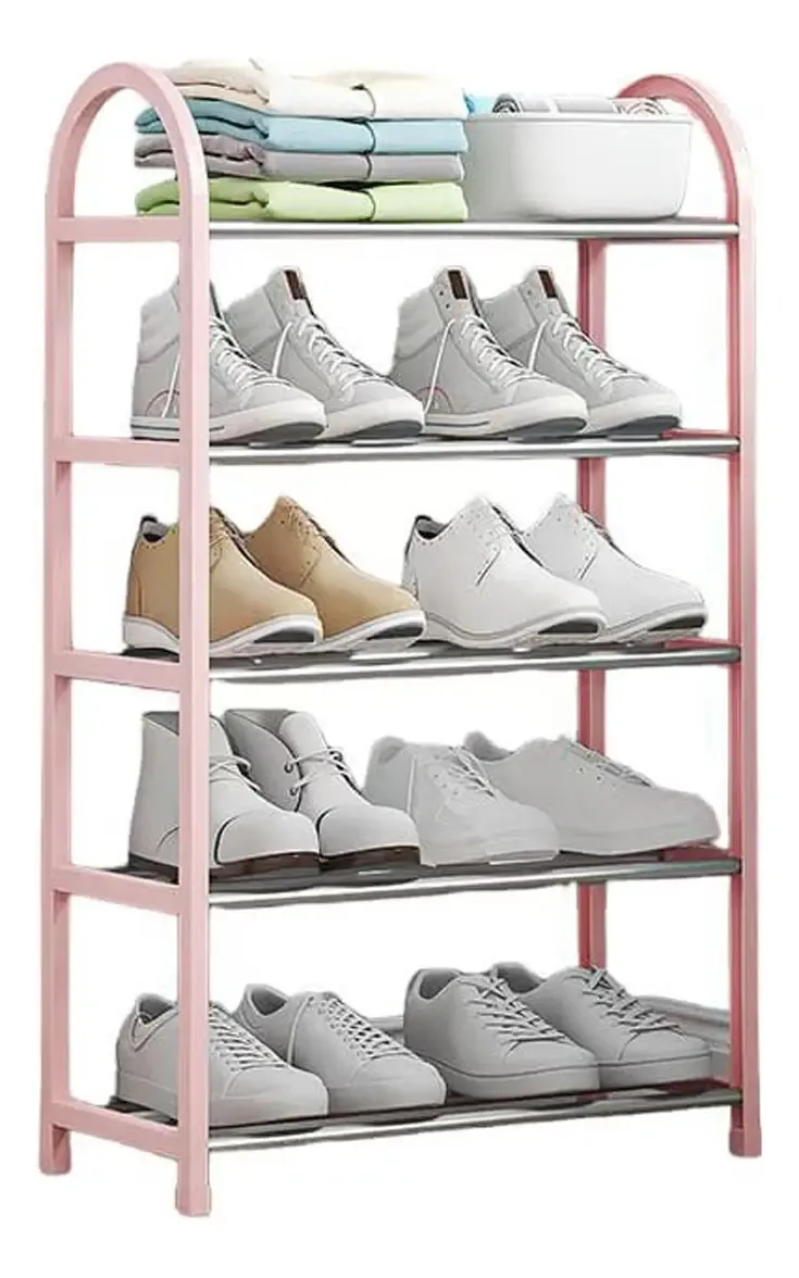 Prateleira de 5 camadas, prateleira de sapatos, organizador de móveis, prateleira de sapatos, armável, multifuncional, quarto doméstico, rosa