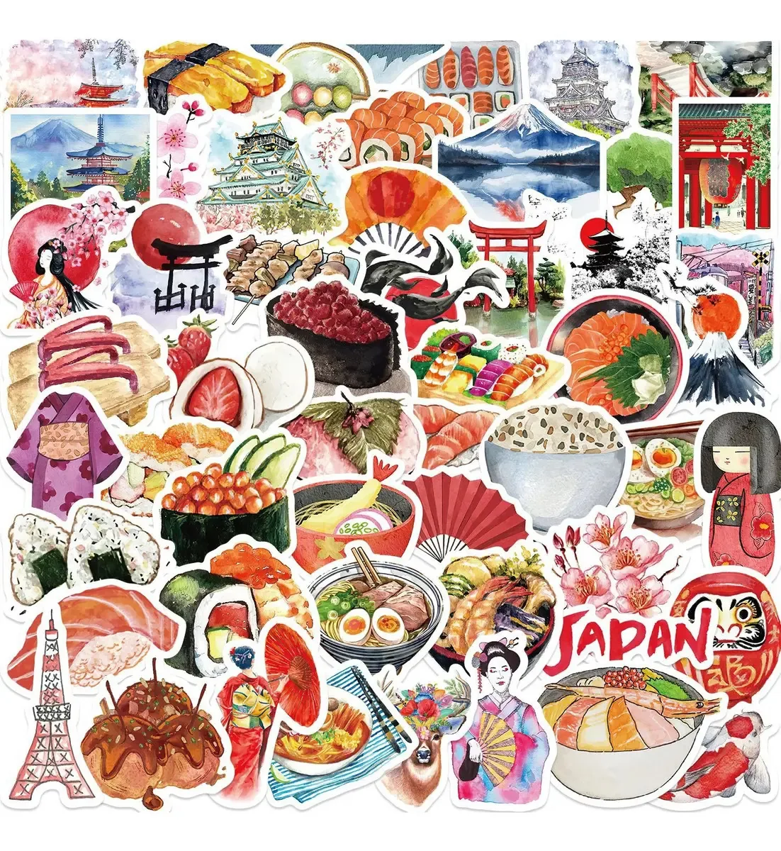 Adesivos de comida oriental japonesa: 50 adesivos de PVC versus água