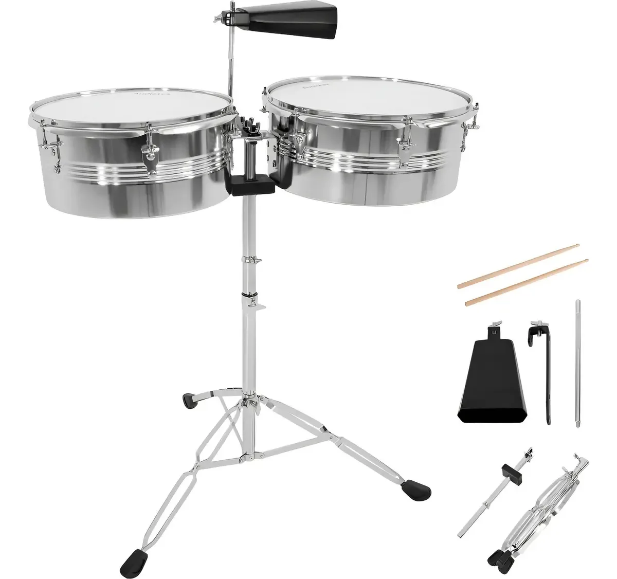 Timbales Corpo Longo 14 E 15 Polegadas Com Cowbell E Baquetas Cor Prata
