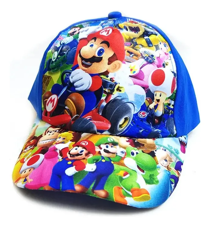 Boné de videogame Super Mario para meninos bordado em cor ajustável Super Mario Kart Blue Design de tecido Super Mario Kart Blue Tamanho único