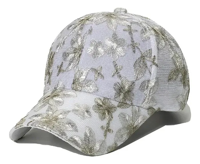 Boné estético fofo de flores brilhantes, cor ajustável, flores brilhantes, cinza, design de tecido, flores brilhantes, cinza, tamanho único