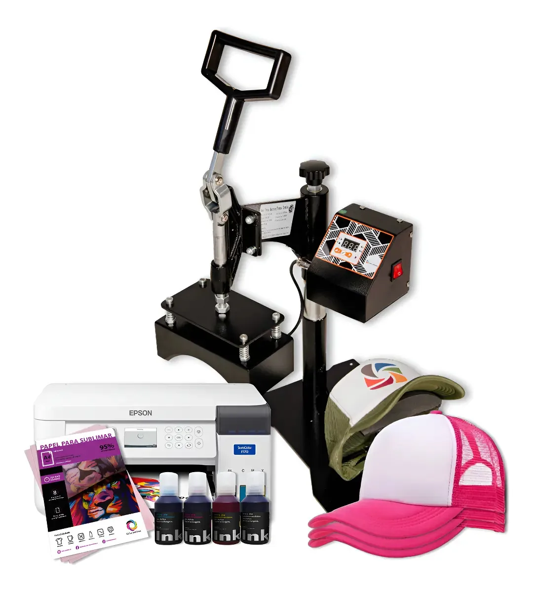 Sublimadora de bonés+epson F170+tintas+papel+bonés Pack X 10