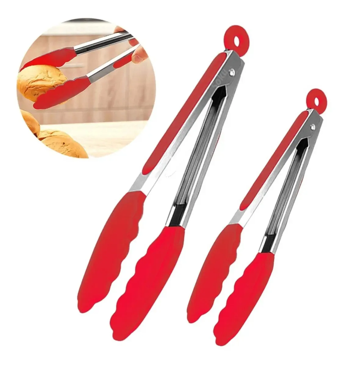 2 pinças de chef, pinças de silicone de aço inoxidável, cor de salada, cor vermelha