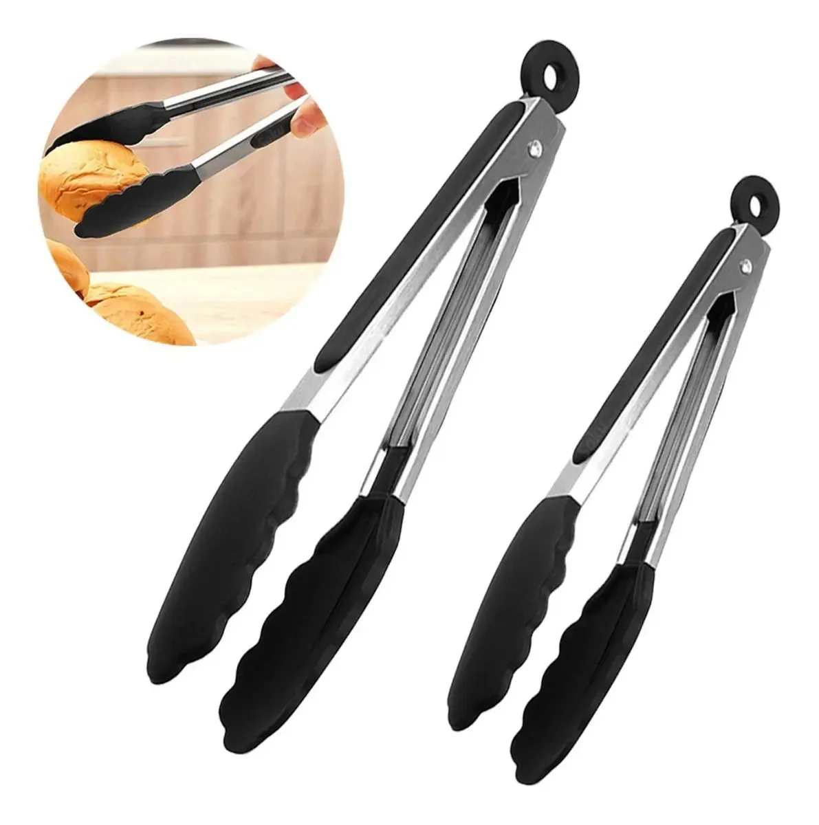 2 pinças de chef, pinças de silicone de aço inoxidável, cor de salada, cor preta