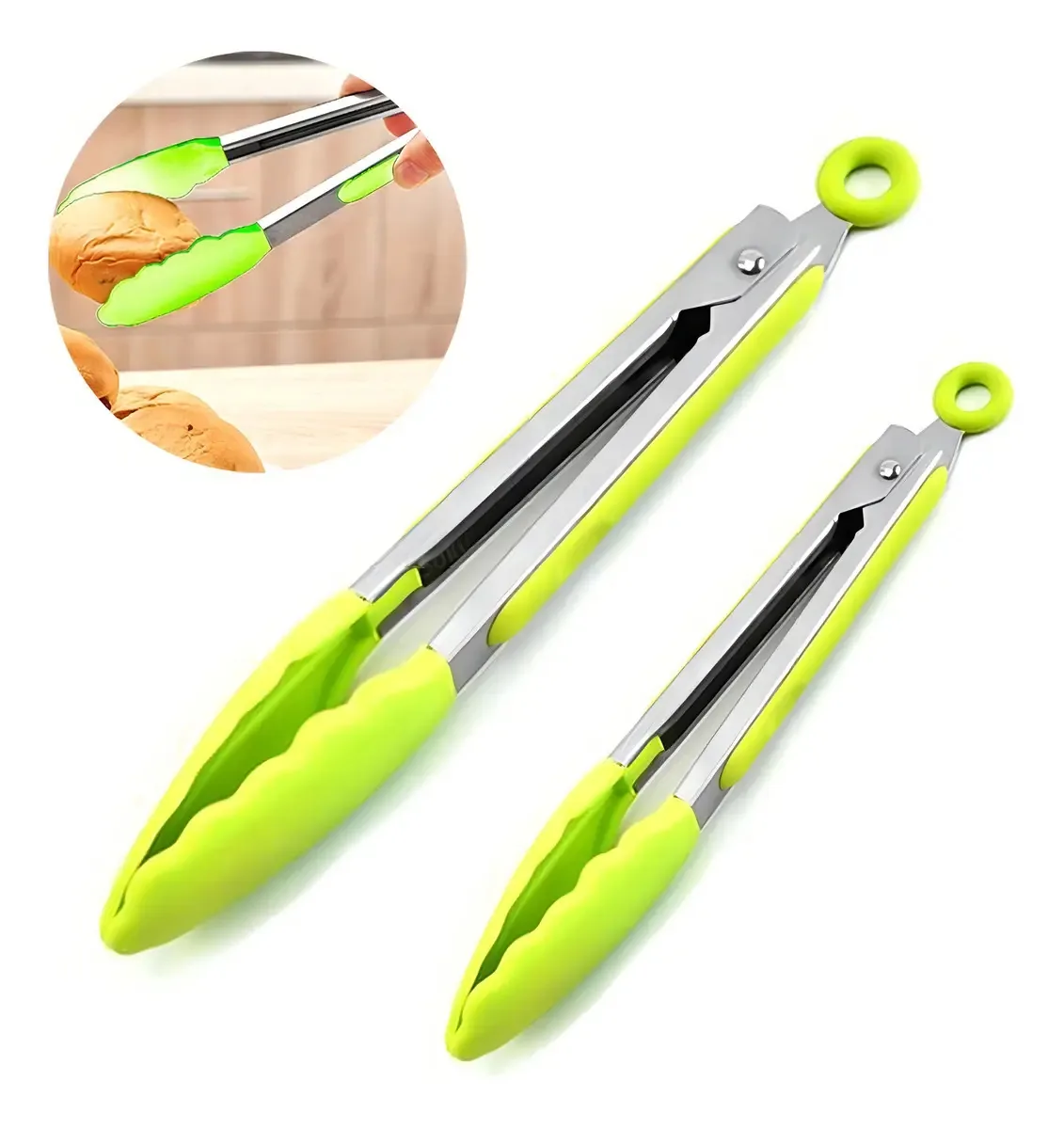 2 pinças de chef, pinças de silicone de aço inoxidável, cor de salada, verde