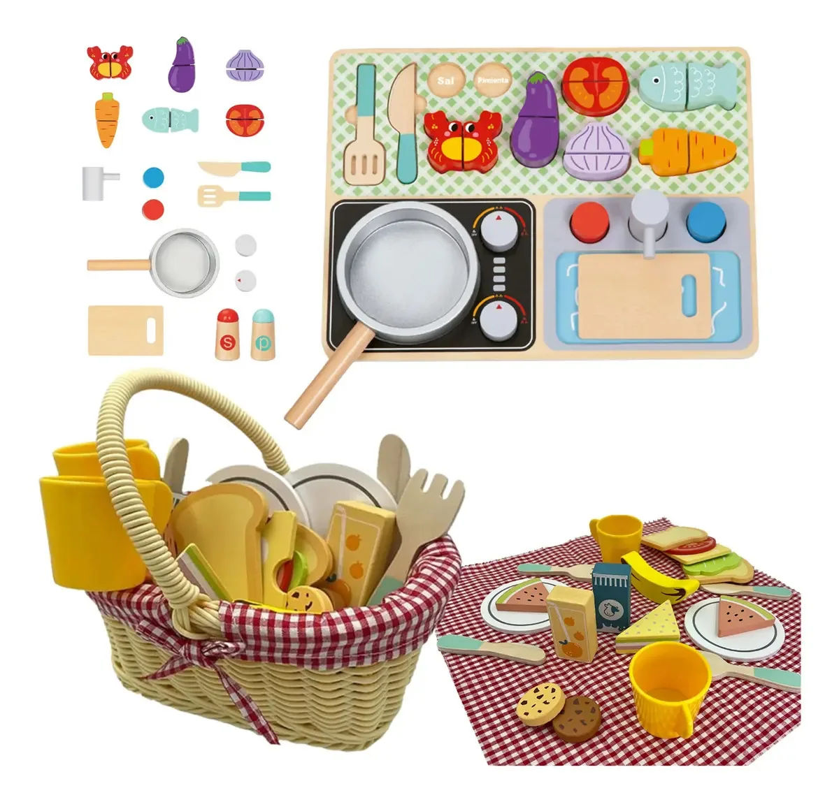 2 brinquedos educativos de cozinha e piquenique de madeira para meninas multicoloridos