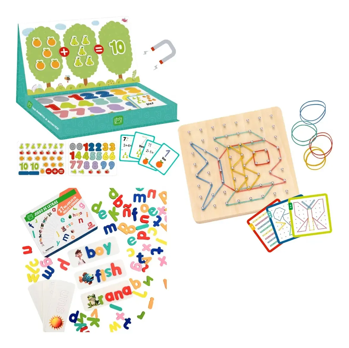 3 Brinquedos Educativos, Matemática, Alfabeto e Geoplano Multicolorido
