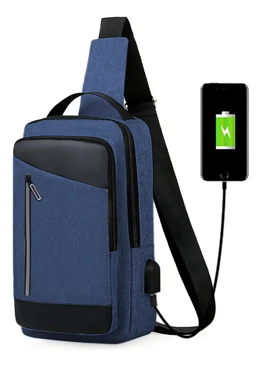 Mochila de ombro cruzado no peito, bolsa de ombro Mariconera, USB, cor azul