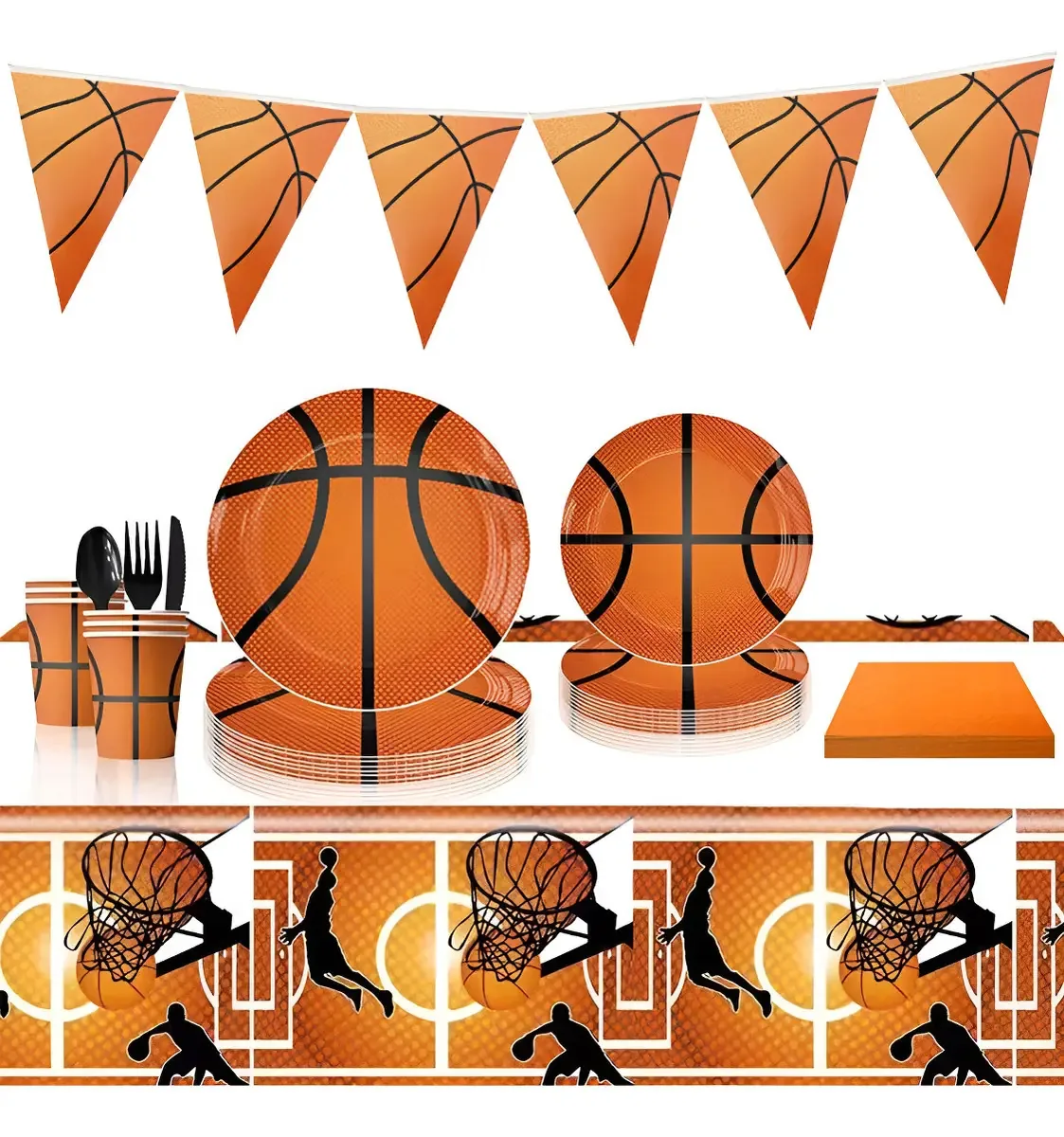 Pacote de talheres descartáveis, pratos de festa, copos, 25 pessoas, cor de basquete